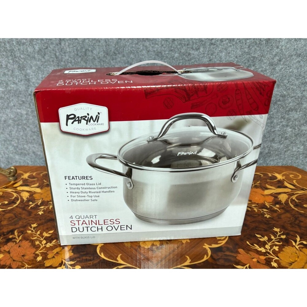 PARINI 4 Quart Stainless Steel Dutch Oven with Glass Lid Riveted Handles